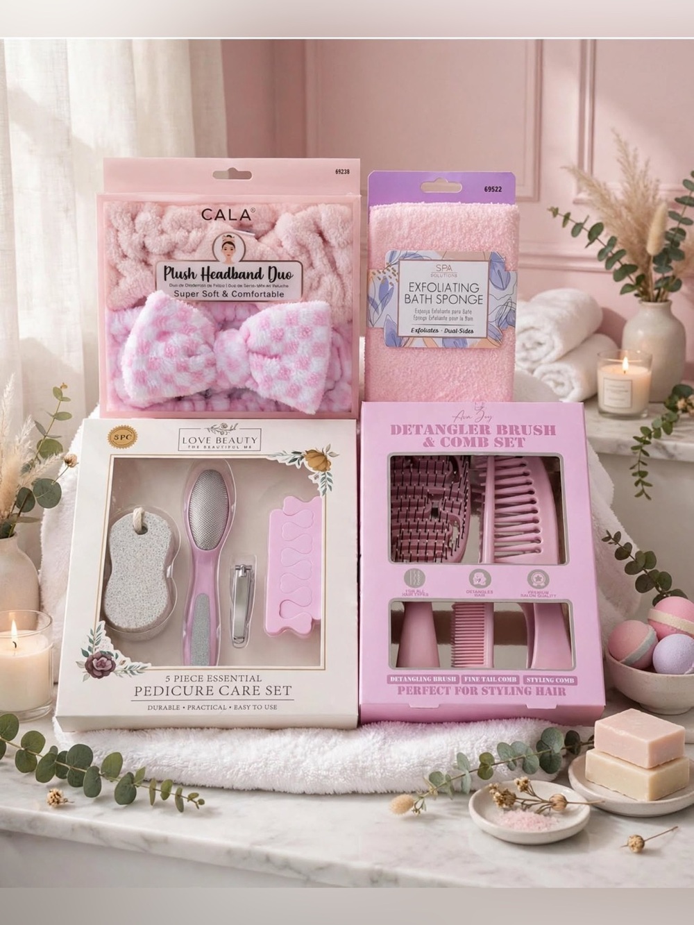 Women’s Self Care Bundle. Pink Plush Headband Duo - Soft Spa Accessories Set